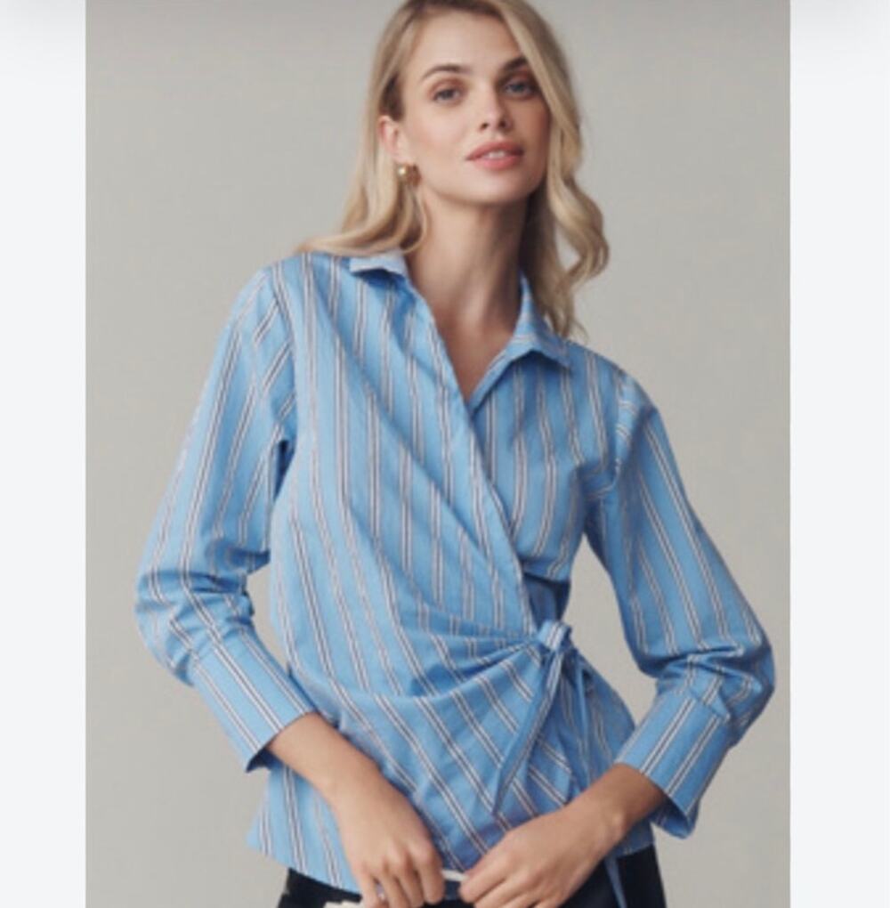 Maeve Anthropologie Blue Striped Wrap Blouse Small Tie Waist Cotton Shirt